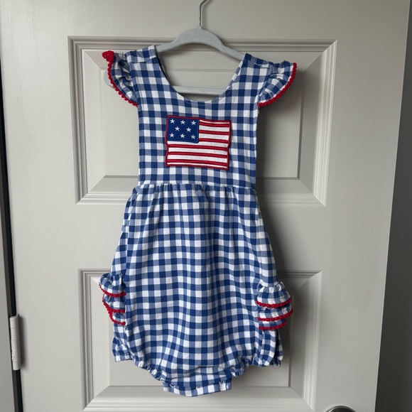 Classic Whimsey Royal Blue Gingham American Flag Knit Ruffle Bubble Size 3T - Picture 3 of 8